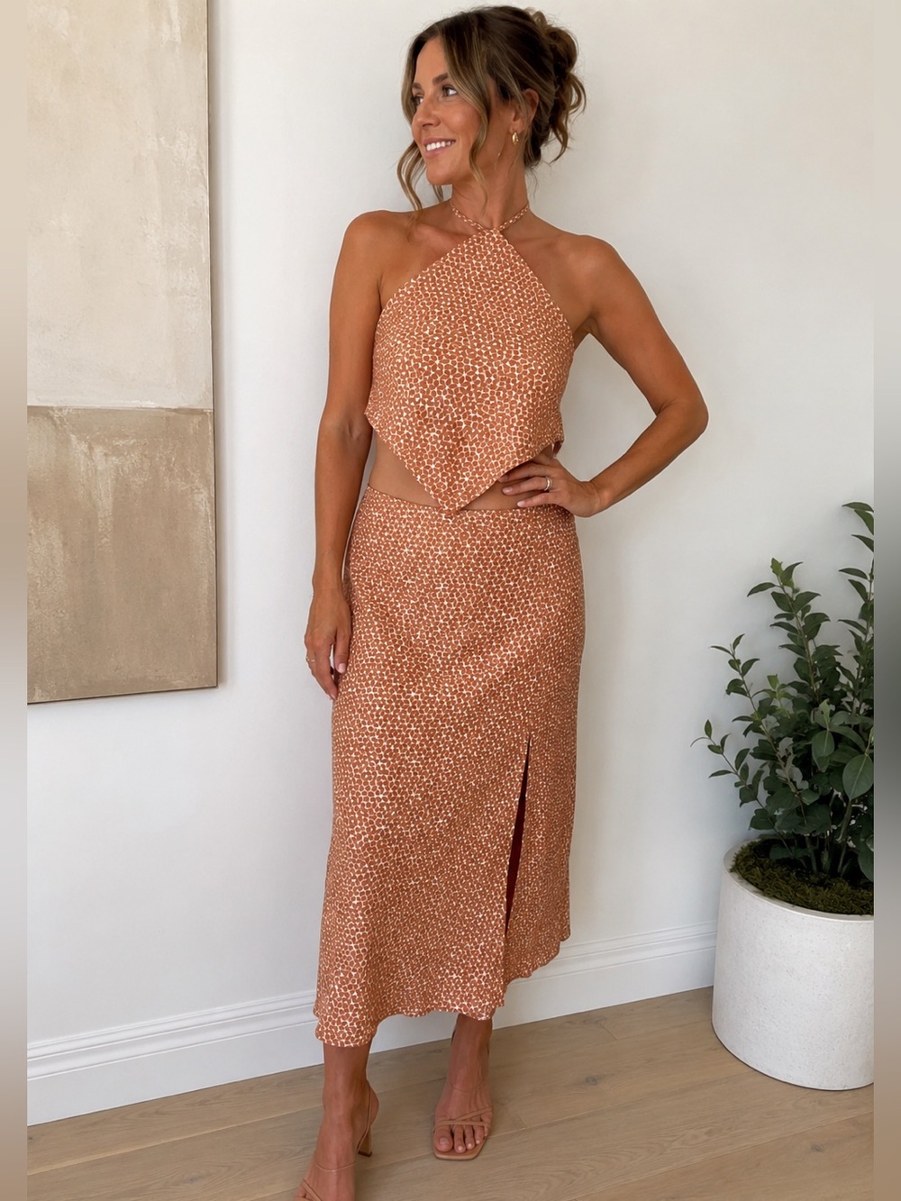 Abercrombie & Fitch Two Piece Set Halter Top and Midi Skirt Neutral Print